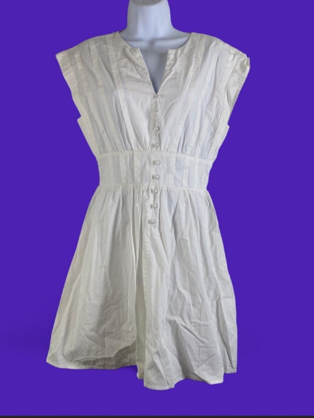Du Paradis White Pintuck Pleat Button Front Cotton Dress Size S